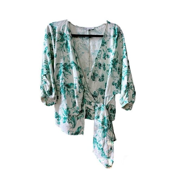 ZARA WRAP CROSS TIE V NECK KIMONO STYLE WHITE GREEN PRINT TOP LINEN SIZE SMALL - Picture 8 of 9
